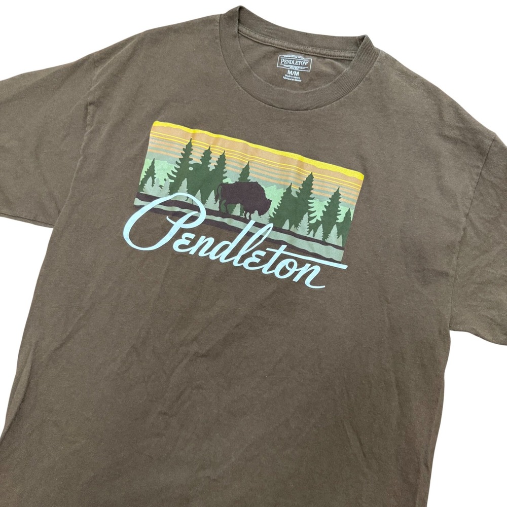 Pendleton Graphic T-Shirt Mens Medium Brown Buffalo Forest Sunset Cotton Tee